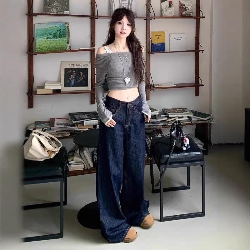 High-Waist Plus-Size Dark Blue Wide-Leg Jeans for Women - 2024 Autumn Floor-Length Style