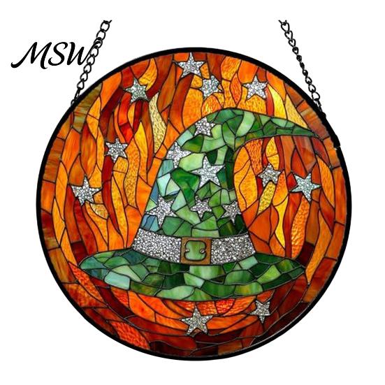 Sunproof Courtyard Decorations Halloween Stained Glass Suncatcher Ornament, Vintage Hanging Window Decor with Pumpkin Ghost Bat Witch Retro Dark Style
