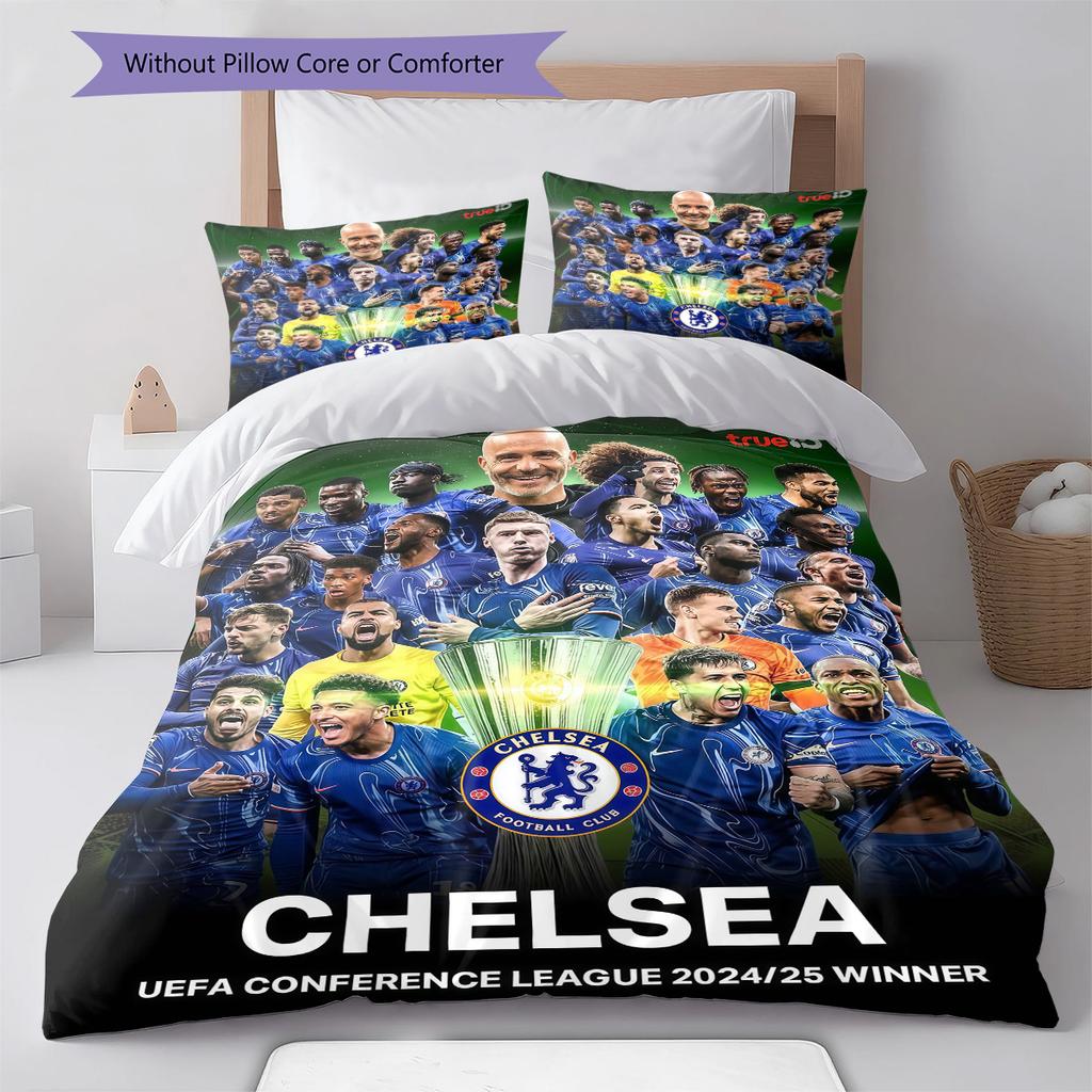 Chelsea FC Muster Bettwäsche Steppdecke Set Bettbezug Kissenbezug Heimdekoration Geburtstagsgeschenk (1 Bettbezug + 2 Kissenbezüge, ohne Füllung)