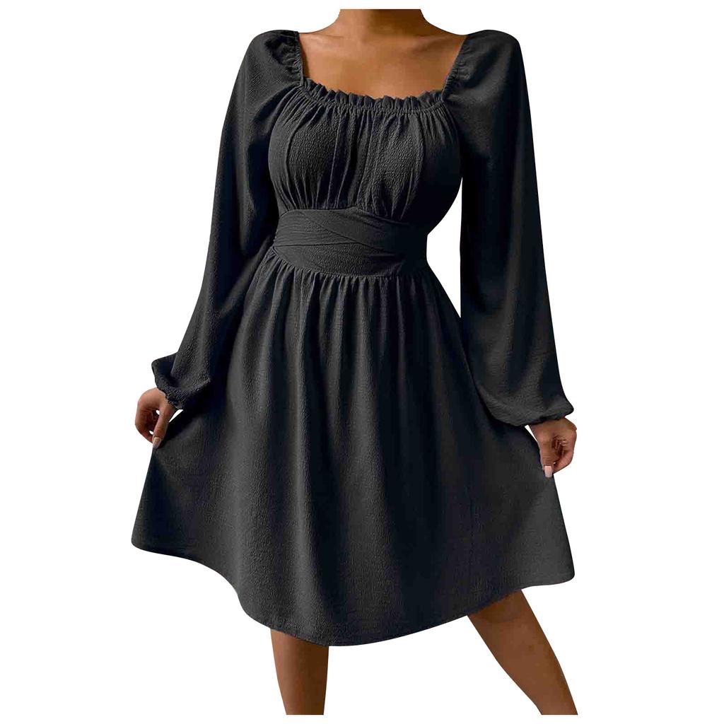 Women's Fashion Colour Square Neck Long Sleeve High Waist Dress