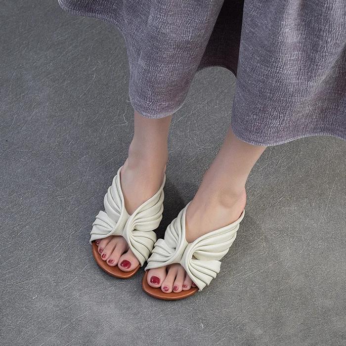 Johnature Peep Toe Bohemian Style Slippers Retro Lazy Style Genuine Leather Low Heel Women's Shoes