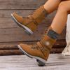2025 Winter New Mid-Top Women's Boots Round Toe Square Heel Leather Buckle Yarn Stitching Martin Boots Plus Size Snow Boots
