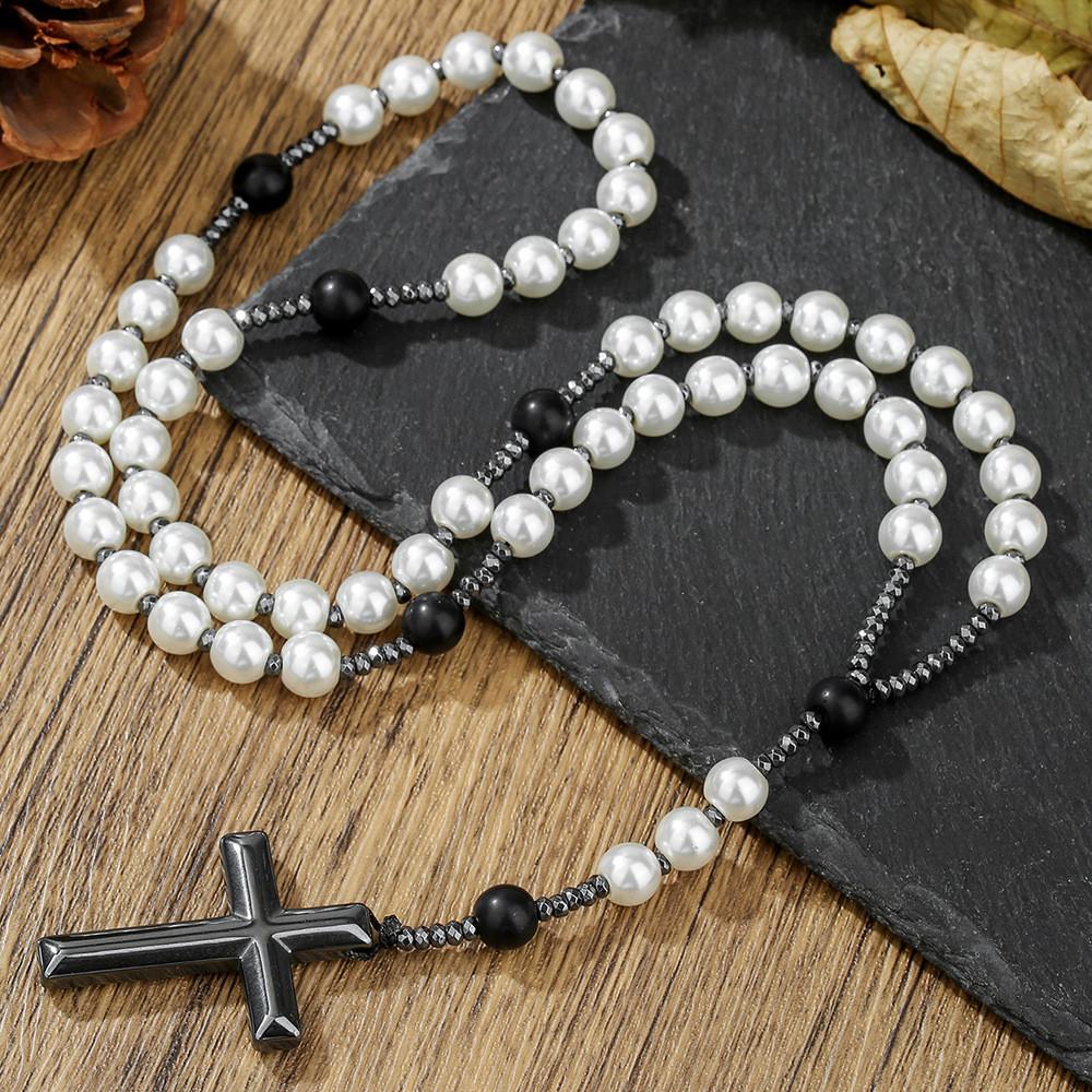 Natural Stone Black Agate Tigers Eye Cross Necklace For Men Hip Hop Jewelry