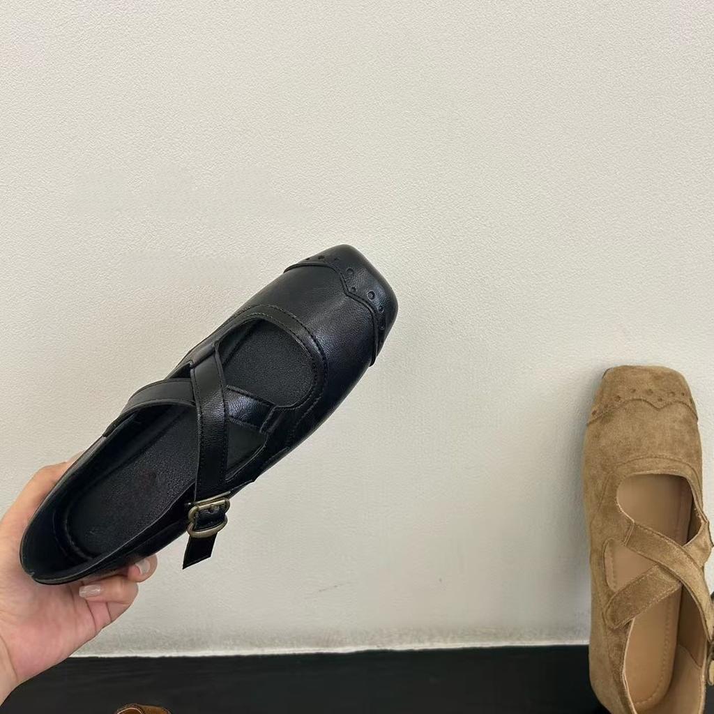 Vintage kwadratowy nosek krzyżujące się paski zamszowe buty Mary Jane buty damskie wiosna i jesień miękkie płaskie baleriny buty babci