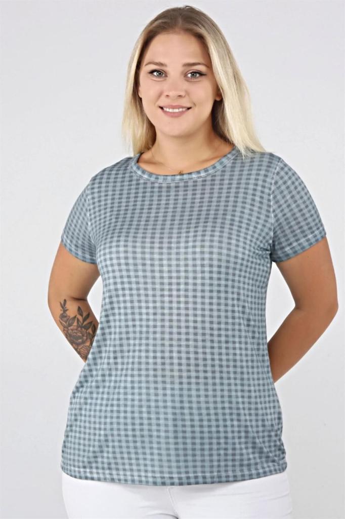 Damen Stil Große Größe T-Shirt Karomuster Ölwaschung Basic T-Shirt-Blau