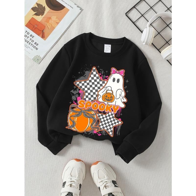 European sizes Girls' Soft Crewneck Sweatshirt Spooky Ghost Pumpkin Checkered Star Print, Casual All-Match, Ideal Holiday Present