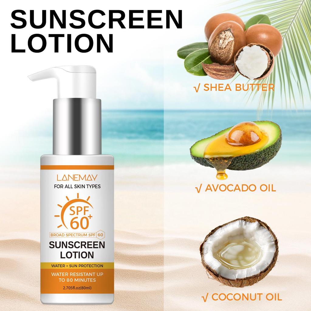 SPF60 Sunscreen Lotion with Coconut Oil & Shea Butter - Broad-Spectrum UV Protection -Lightweight & Non-Greasy, Daily Sun Protection For Skin,80ml