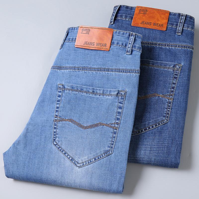Summer Lightweight Denim Trousers for Men Loose-fit Straight Leg Stretch Casual Slim-fit Versatile Long Trousers for Men