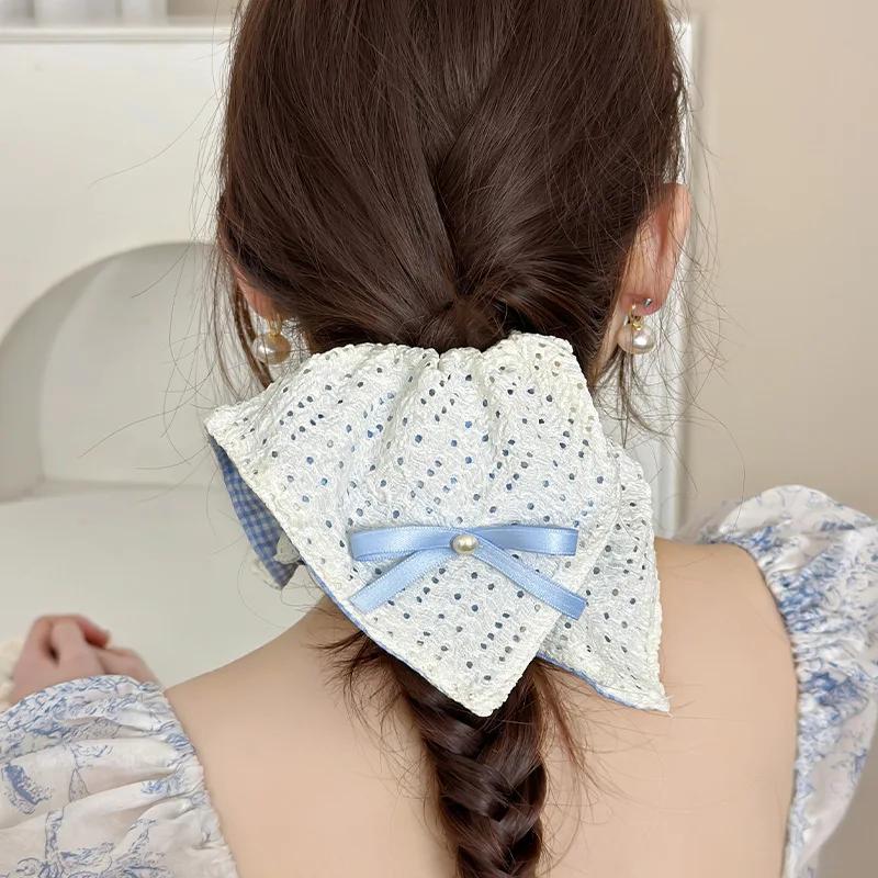 Ballet Style Blue Plaid Bow Large Intestine Hair Band Women's High-end Hair Tied Low Ponytail Hair Accessories Hair Tie