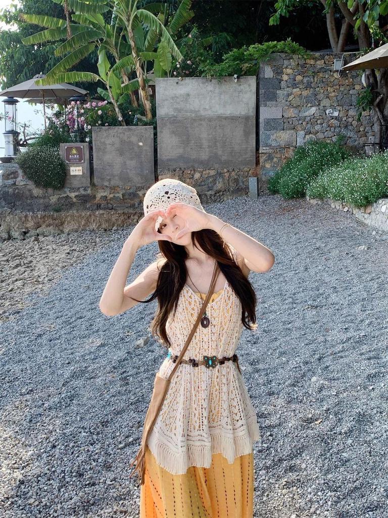 Bohemian Korean-Style Tassel Camisole Dress & Layered Lace Cover-Up Set for Women (Summer)