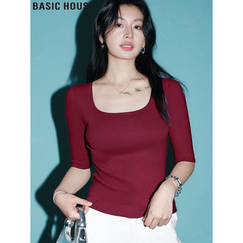 

Basic House/Baijiahao Apricot Square Collar Ice Silk Knitted Short Sleeve T-shirt Half Sleeve Tops Women s Summer 2025 Ankoala Red XL