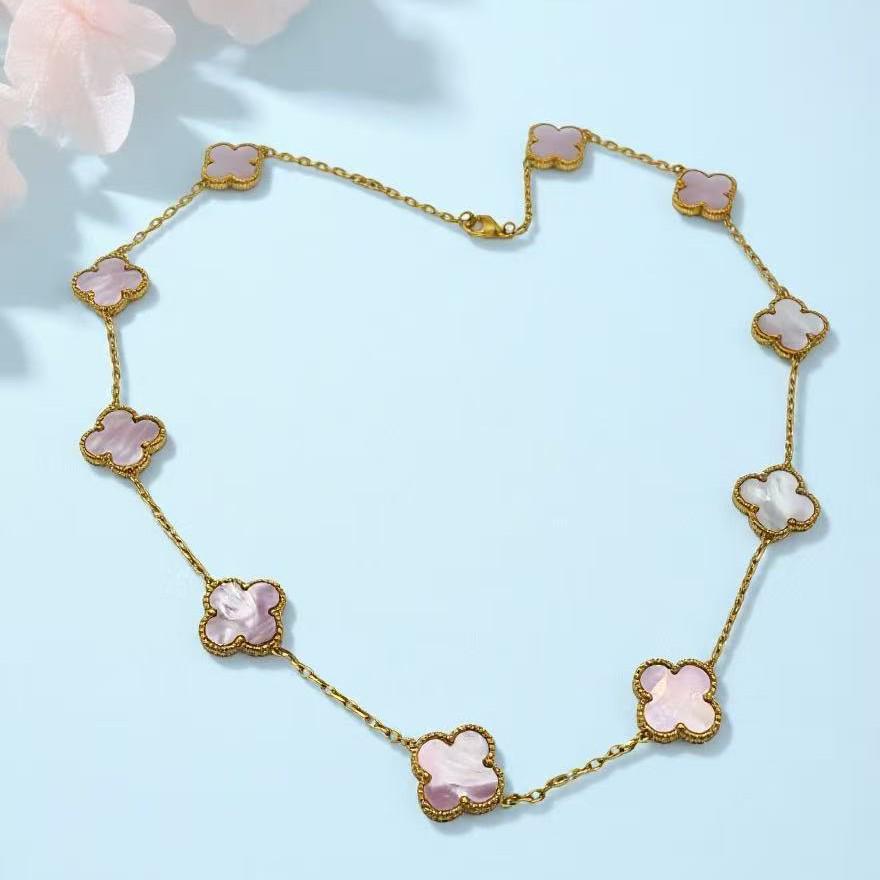 Four-Leaf Clover Titanium Steel Necklace with Natural Mother-of-Pearl