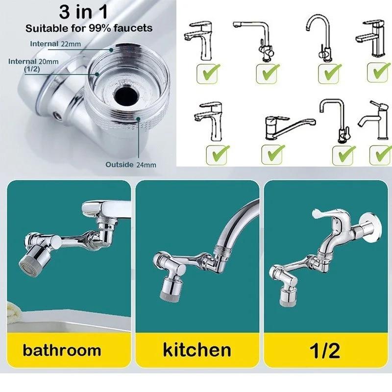 1080° Rotatable Extension Faucet Sprayer Head 2 Spray Modes Universal Bathroom Tap Extend Adapter Aerator