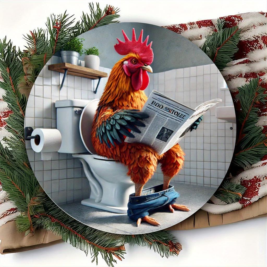 High Definition Metal Tin Sign Funny Rooster Reading Newspaper on Toilet Round Wall Art Decor for Bathroom Farmhouse Humorous an
