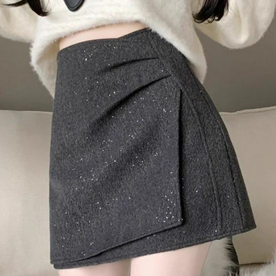Girls' Sequin Tweed High-Waist A-line Skirt - Irregular Hip-Hugging Design for Autumn/Winter