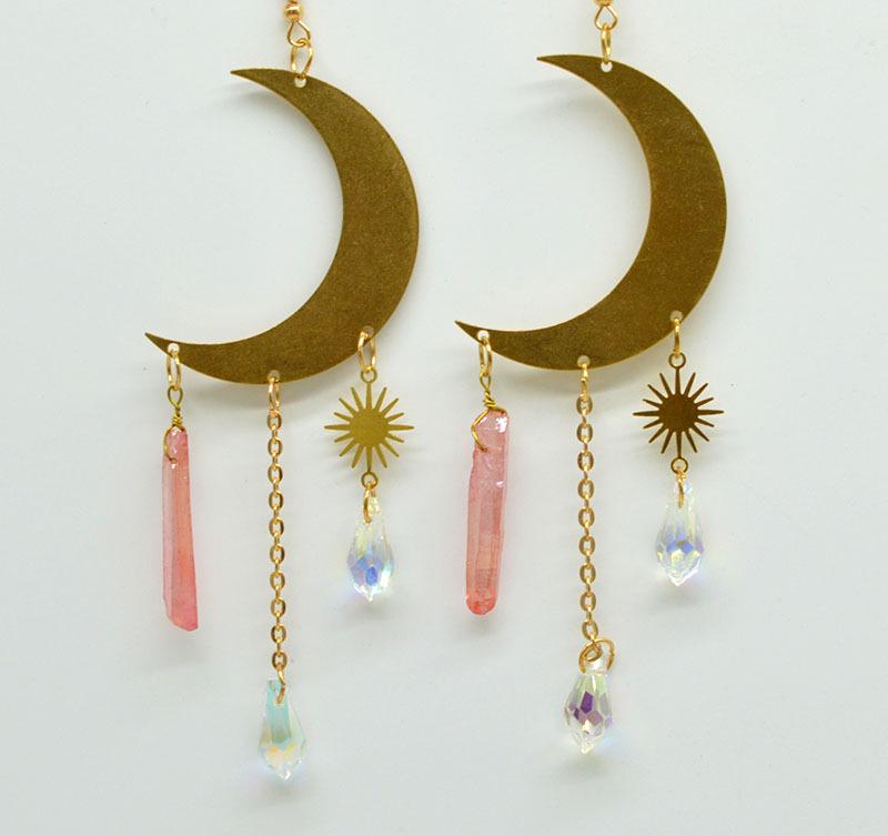 Multi-colored Copper Moon and Sun Raindrop Crystal Earrings