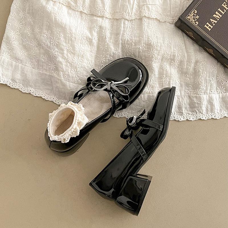 Fashion Retro Women's Pumps Lolita Mary Jane Shoes Women Vintage Shallow Chunky High Heeled Platform Round Head Bowknot Single Shoes