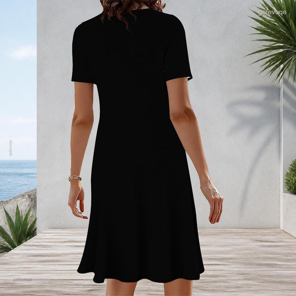 Women Plus Size Round Neck Short Sleeve Black White Printed A Line Dress