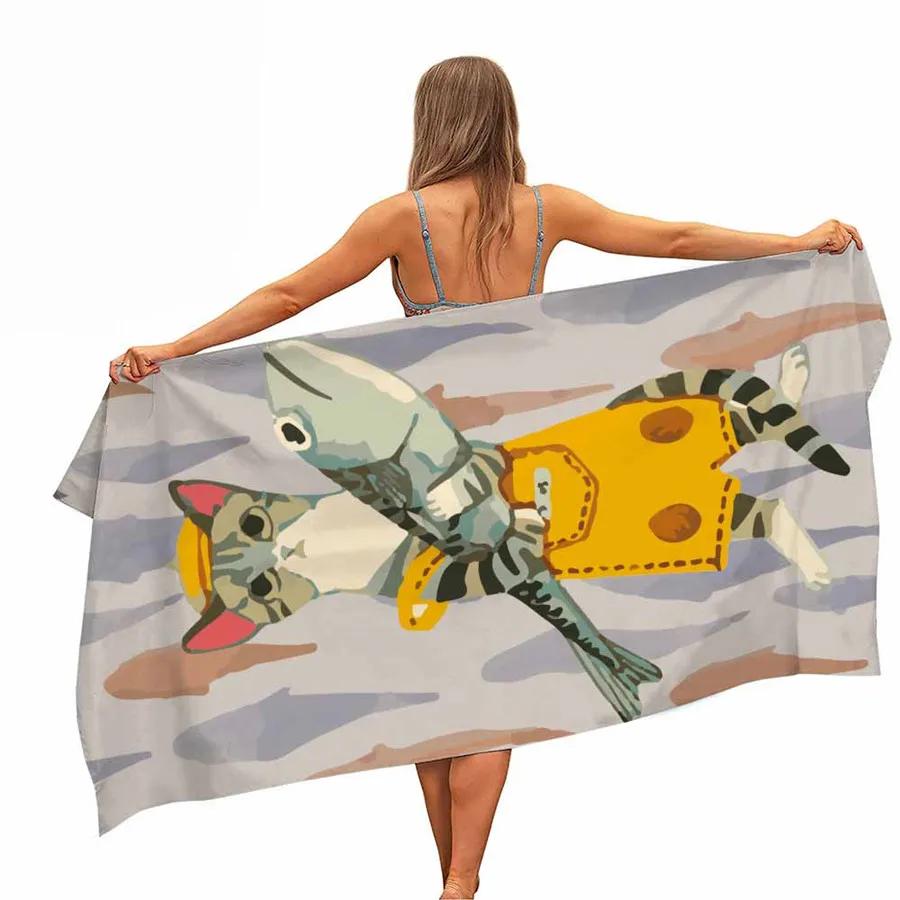 Cartoon Cat Microfiber Pool Beach Towel Portable Quick Fast Dry Sand Outdoor Travel Swim Blanket Thin Yoga Mat Bath Towel