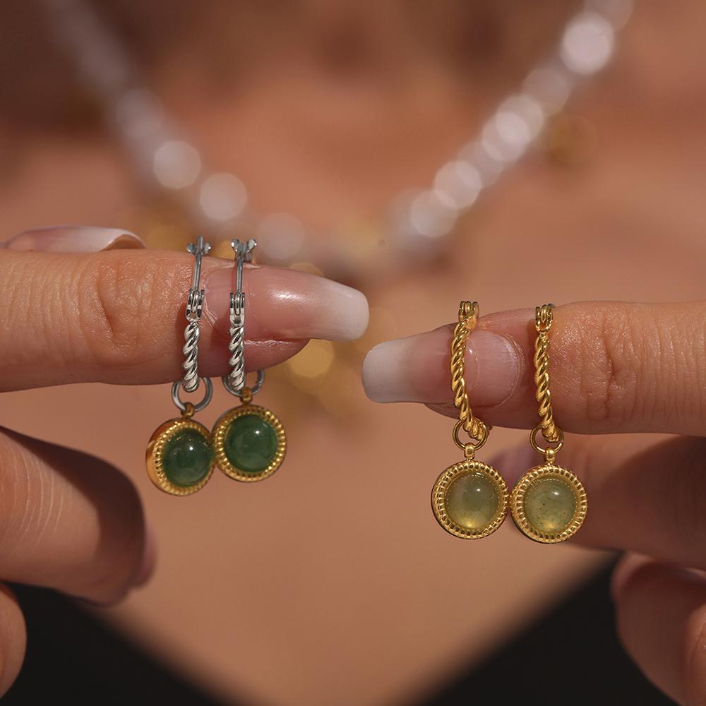Acier Inoxydable Couleur Or Alliage de Zinc 18K Boucles d'Oreilles de Luxe pour Femmes Agate Verte Naturelle Rondes Pendantes Dames Vintage Zircon