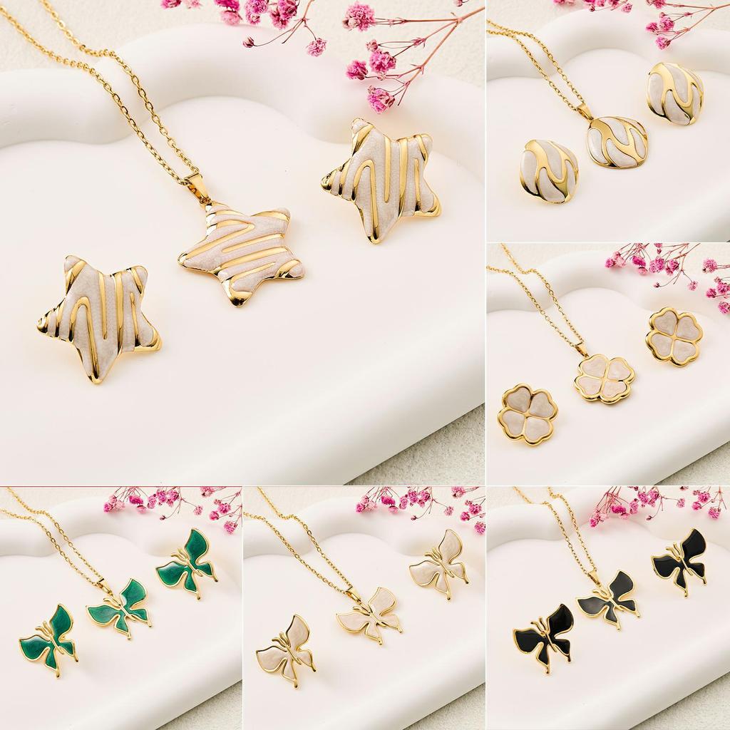 Vintage Retro Enamel Butterfly Stud Earrings & Necklace - French Court Style
