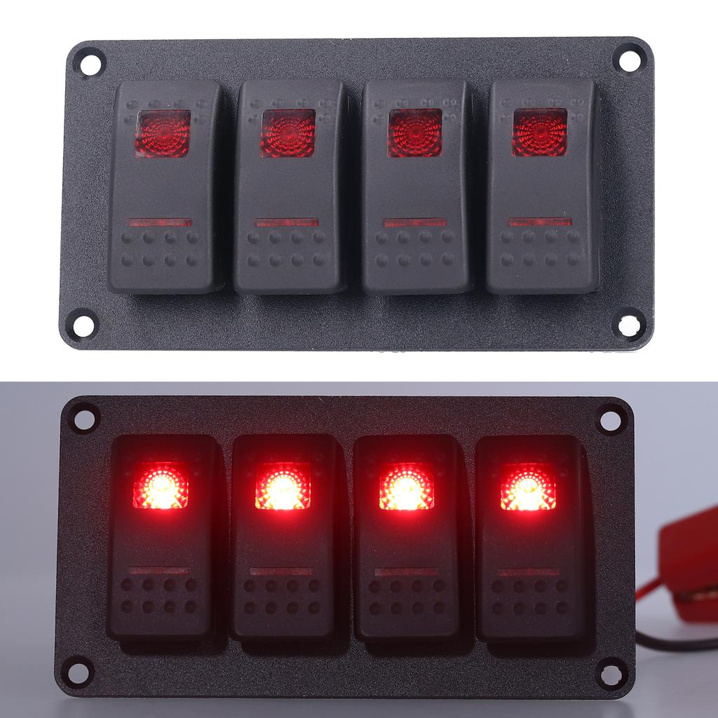 4 Gang Rocker Switch Panel LED Backlight 5‑Pin Overheat Protection for 12V/24V Vehicle Marine Yacht BoatRed Light