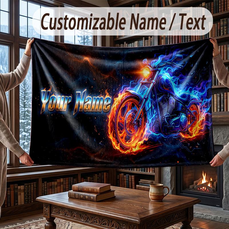 Motorcycle Theme Throw Blanket Custom Name Text Personalized Blanket Soft Cozy Blanket for Home Sofa Bed