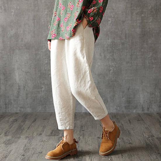 Women Spring High Waist Solid Color Pockets Loose Trousers Ninth Harem Pants