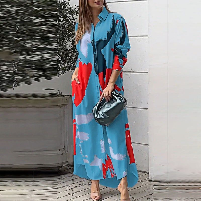 

Lapel Loose Fitting High Waisted Long Shirt Dress Blue Print XL