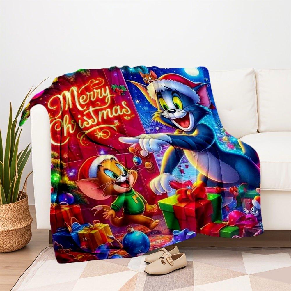 Tom & Jerry Christmas Poster PrintBlanket Flannel Throw Blanket for Sofa, Bed, Travel, Camping, Office