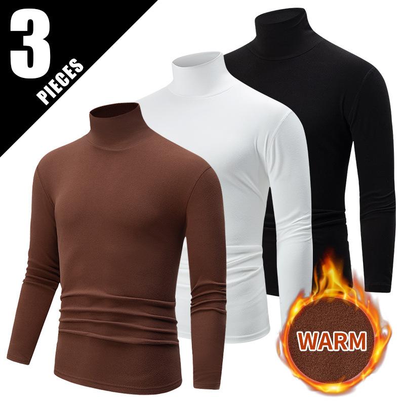 Simple Long-Sleeve Turtleneck Men's Work Long-Sleeve Top 3pcs Set, European and American Fashion Trend T-Shirt