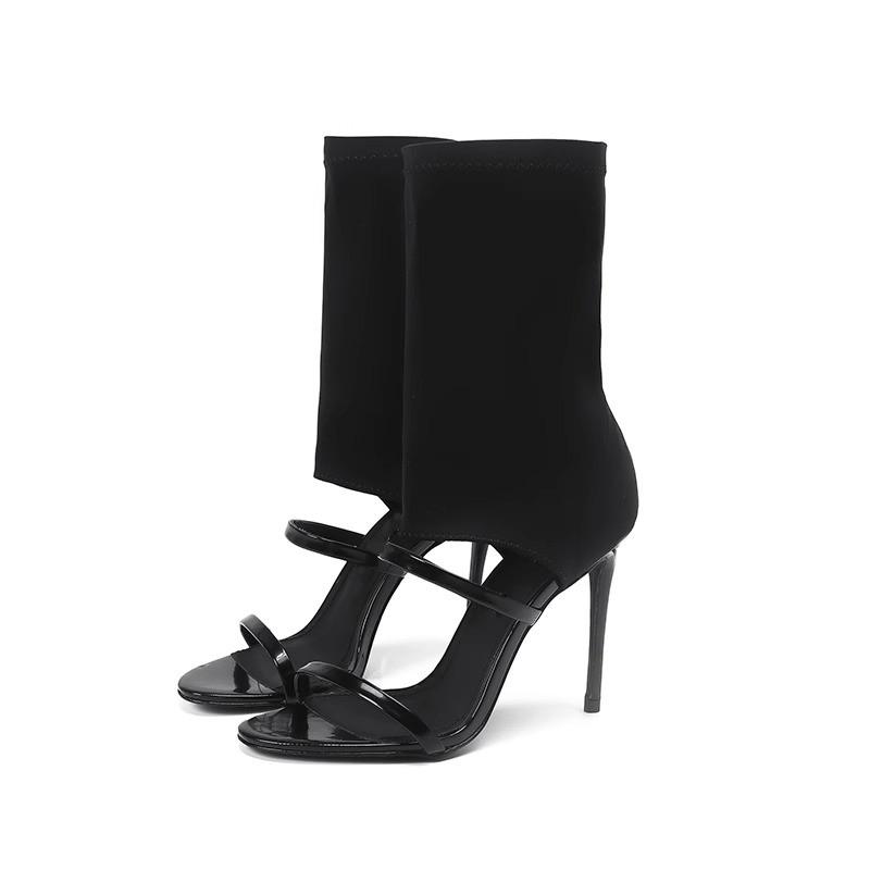 Fashion 2025 Fashion Sexy Sandals Boots Women Ankle Boots Pointed Thin High Heel Flock/PU  Chelsea Black White 34-41  Luxury Sandals