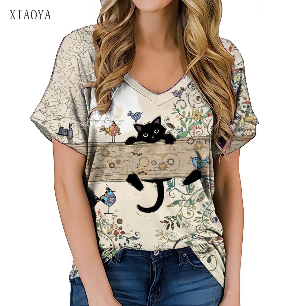 Fashionable Women's Clothing V-neck Kitten Print T-shirt Street Hot Selling Homestay Casual Top Summer Personalized Women Shirt