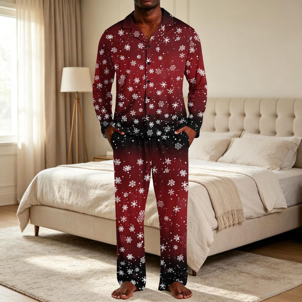 Men's Christmas Pajama Set with Button Down Shirt and Straight Leg Pants, Casual Print Sleepwear Two Piece Outfit, Festive Holiday Loungewear