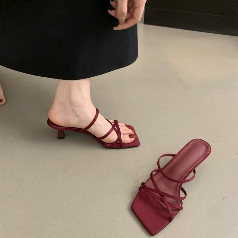 Fashion French Niche High-heeled Sandals Summer Fashion Vintage Square Toe Thin Strap Open Toe Stiletto Roman Sandals and Slippers