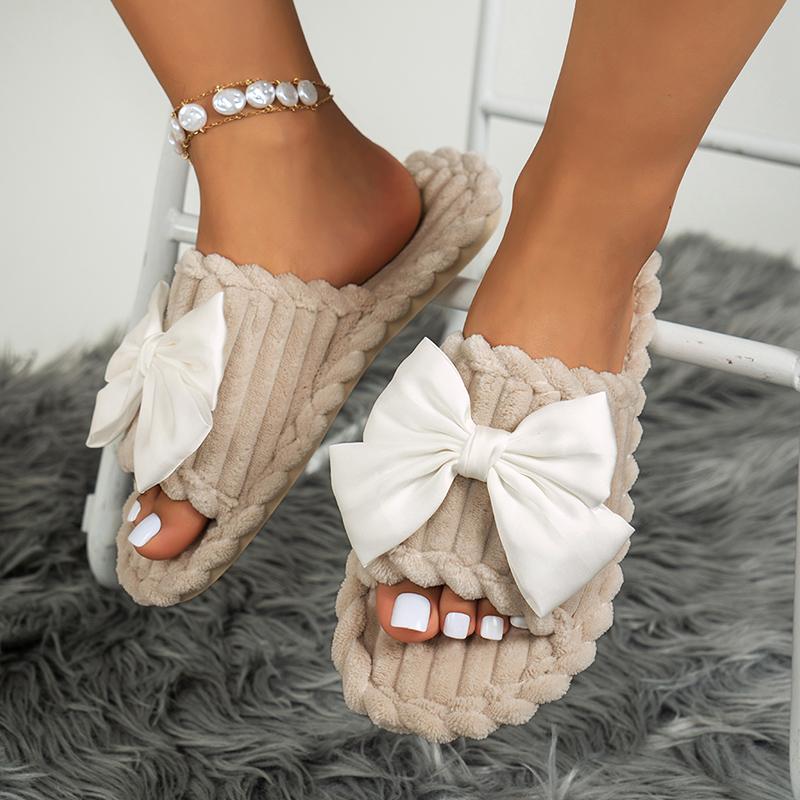Fashion Bowknot Decor Flat Home Slippers Women Indoor Corduroy Soft Sole House Slides Shoes Woman Non Slip Open Toe Cotton Slippers