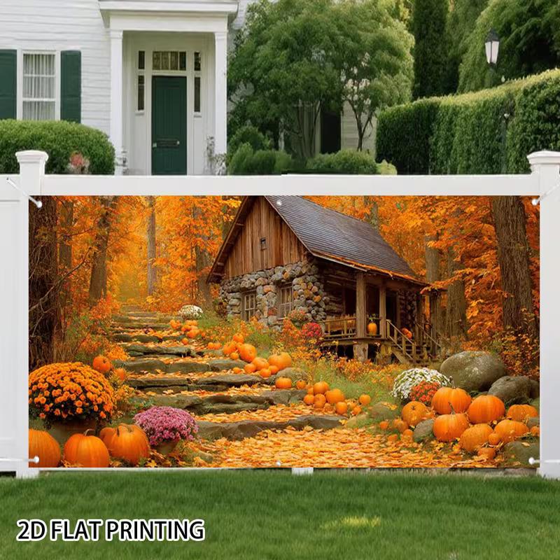 

2D Cozy Fall Cabin with Pumpkins, Flowers and Autumn Trees Studio Background 47.2x31.5inch/120*80cm