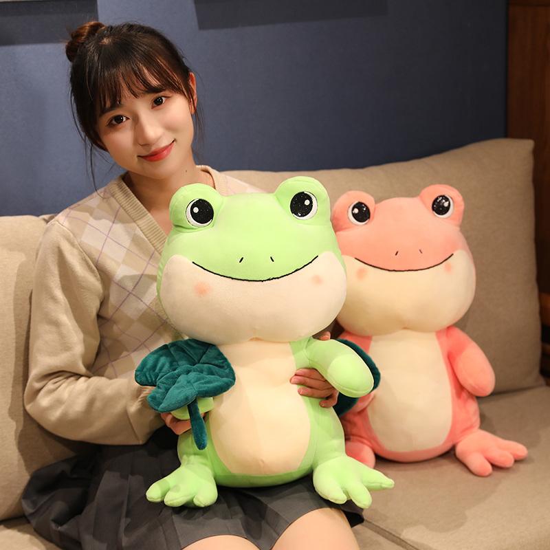 25-45cm Green Pink Frog with Lotus Leaf Plush Toys Cartoon Animal Doll Stuffed Soft Pillow for Children