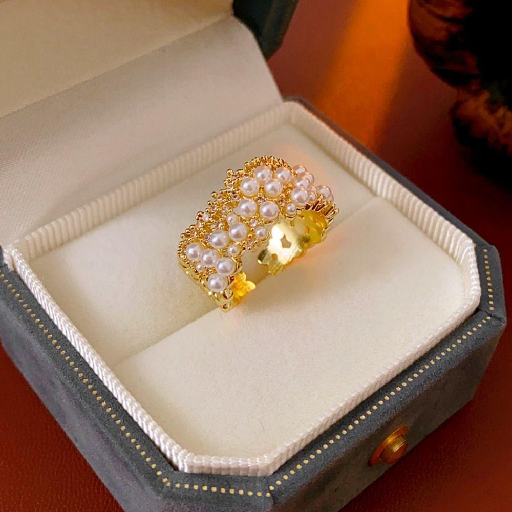 Irregular Pearl Open Ring Geometry Metal Rings Temperament Vintage Rings  Gift
