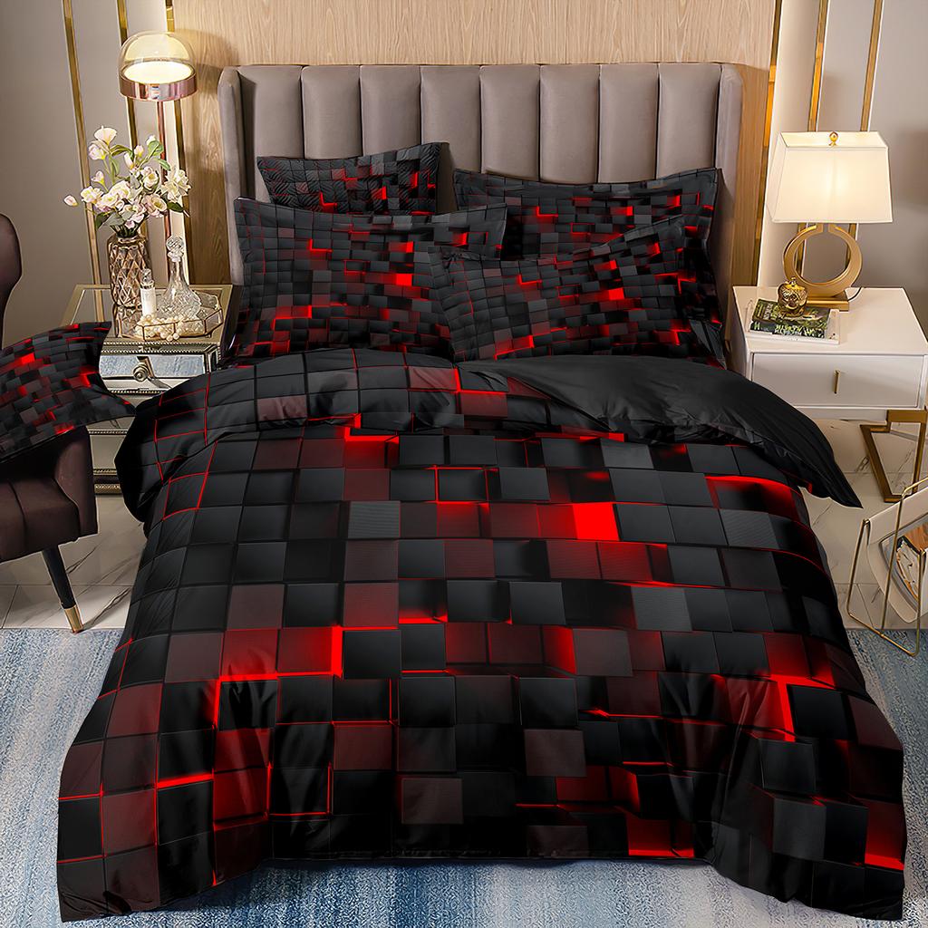Red Glowing Bedding Set,Abstract King Duvet Cover Honeycomb Quilt Cover For Teens Adults Geometry Hexagon Bed Set