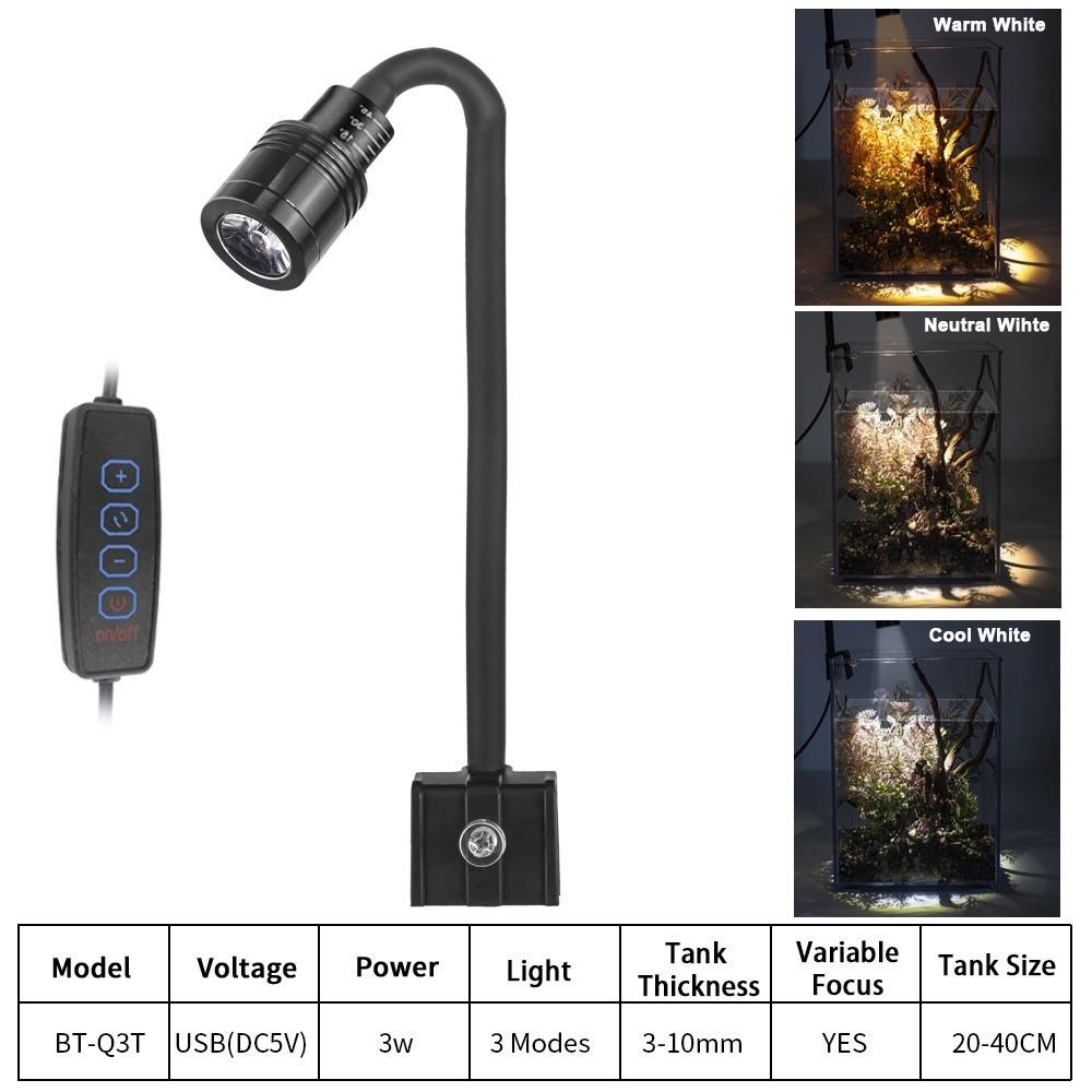 3 Color Modes Adjustable Focus Spotlight 360 Degree Rotation Waterproof LED Aquarium Plant Light Adjustable Focus Energy Saving CN Plug