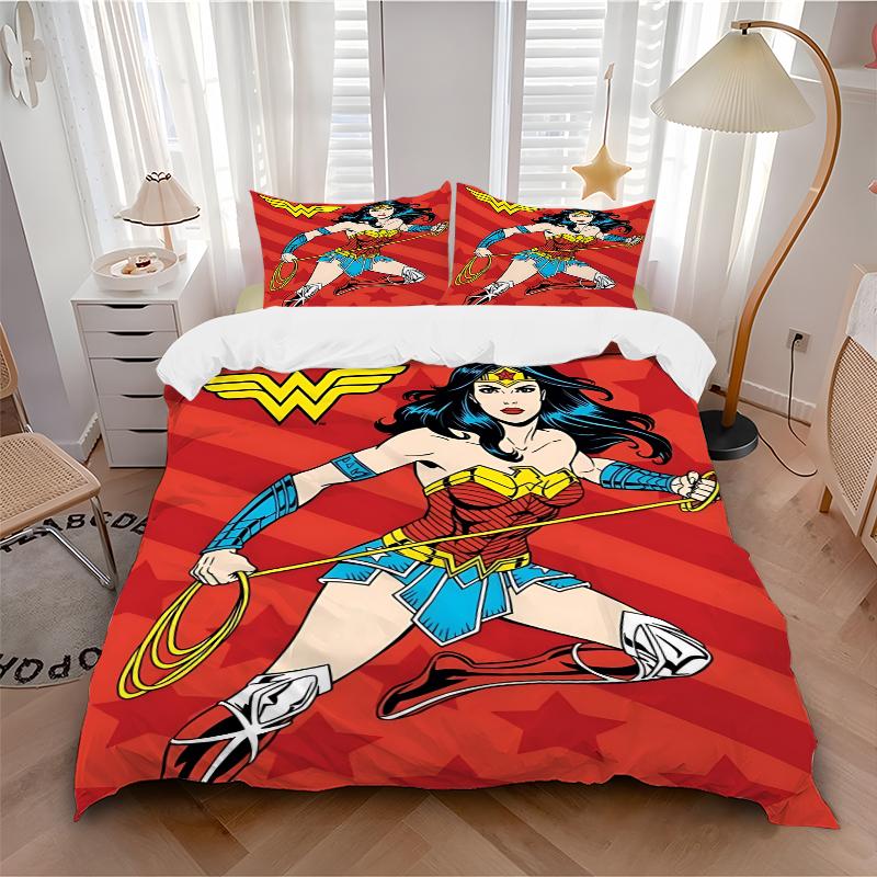 3Pcs Wonder Woman Action Bedding Set Soft Fabric Duvet Cover Pillowcases Home Christmas Xmas Halloween Gift 1 Duvet Cover 2 Pillowcase G1248