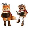 Artistic Resin Cat Sculpture Reading Owl/Fox Figurine with Dangling Legs Shelf Sitter Statue Open Book Glasses Red Scarf and Boots Rustic