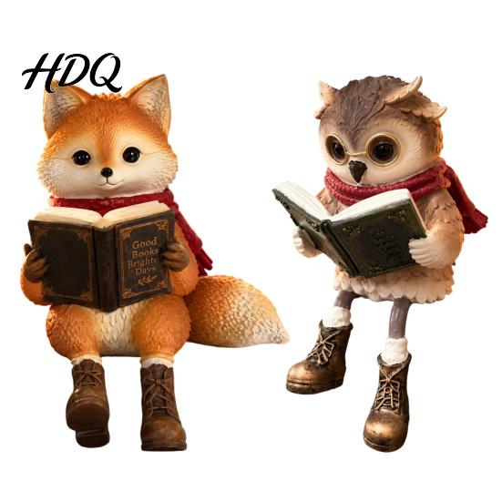 Artistic Resin Cat Sculpture Reading Owl/Fox Figurine with Dangling Legs Shelf Sitter Statue Open Book Glasses Red Scarf and Boots Rustic