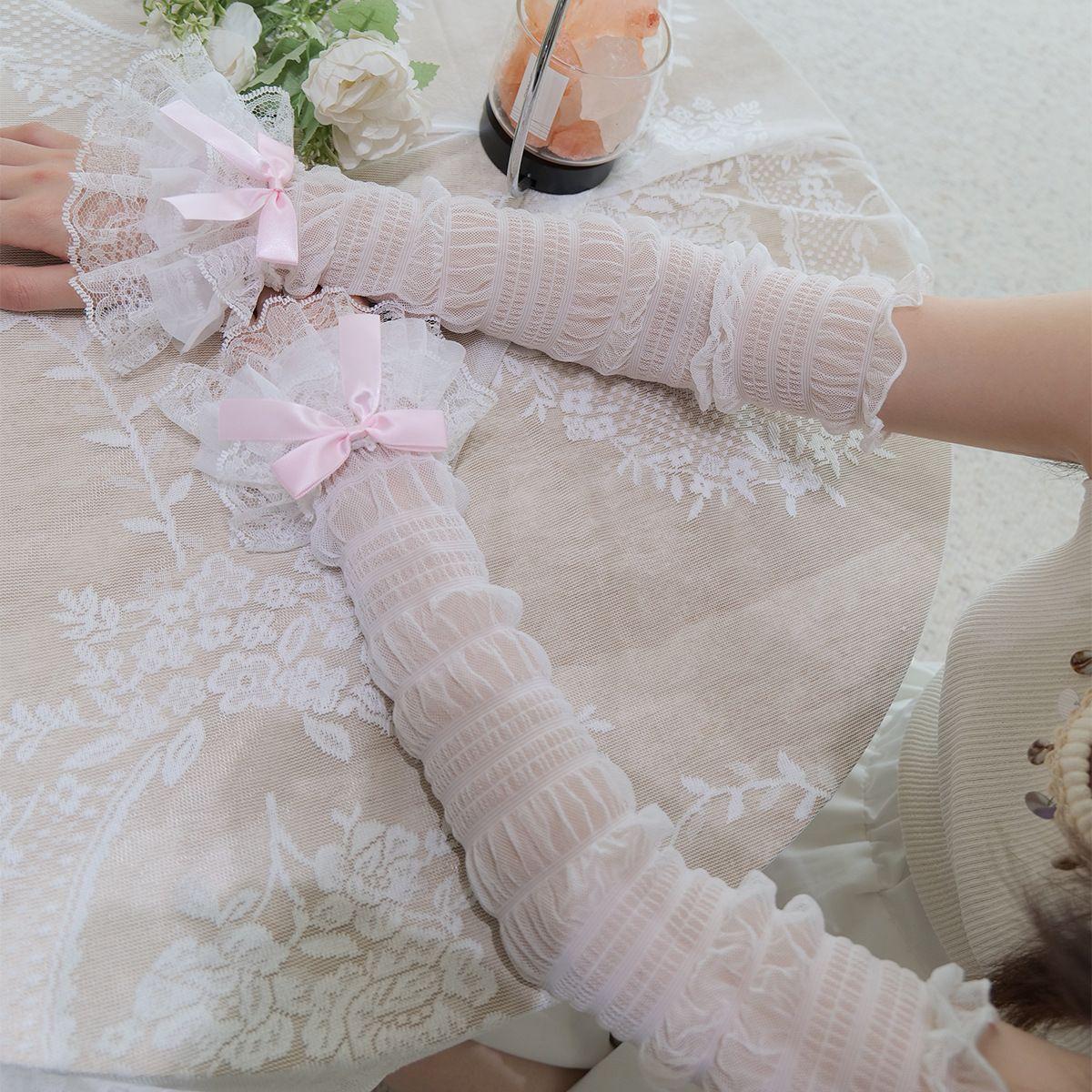 

Летние роговые кружевные солнцезащитные рукава из ледяного шелка с ультратонкой дышащей сеткой Sweet White Pink Bow