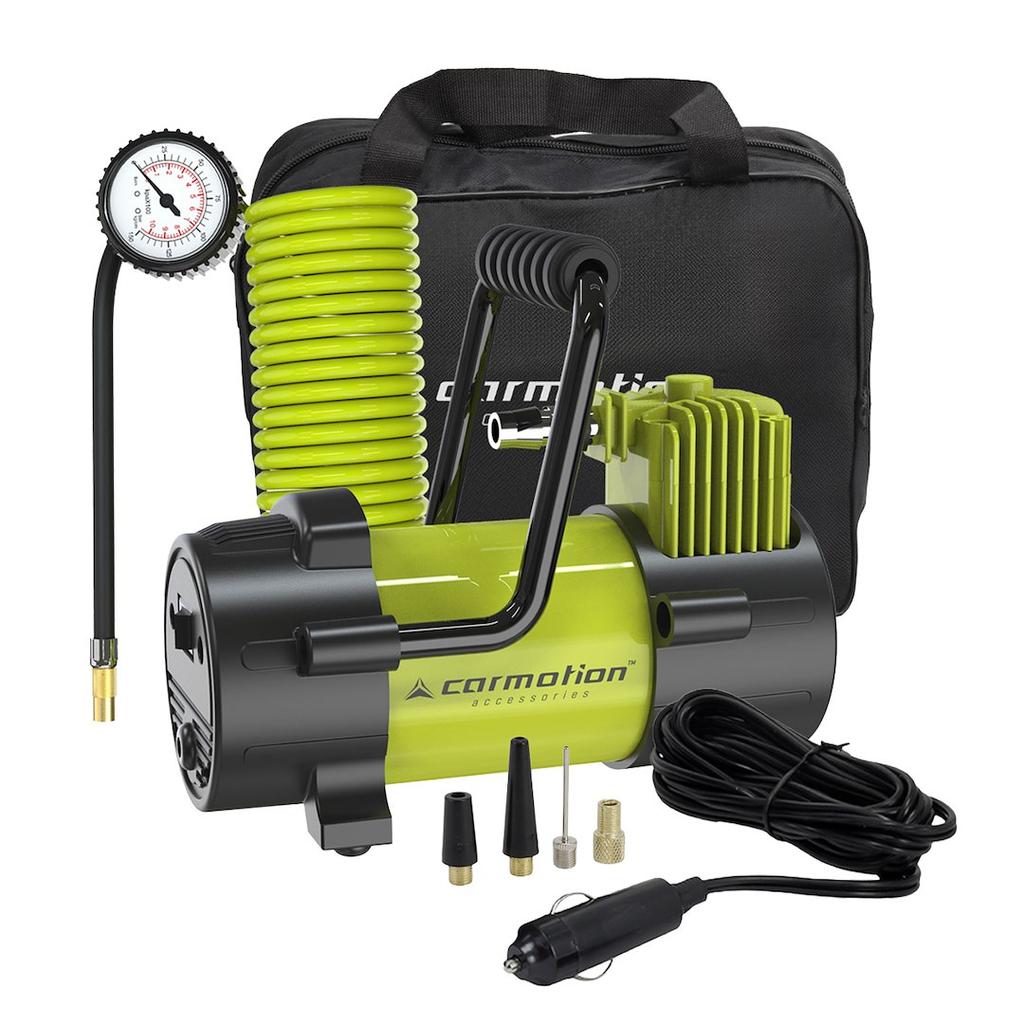 Kompresor powietrza tłokowy 12V, 10 BAR, wąż spiralny 400 cm z analogowym ciśnieniomierzem, 4 adaptery