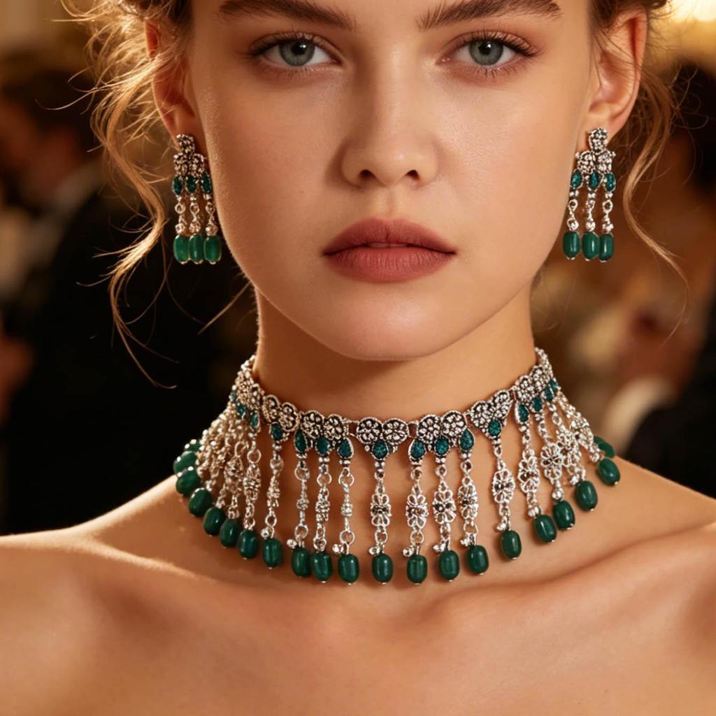 European & American Ethnic Style Rhinestone Tassel Necklace & Earring Set