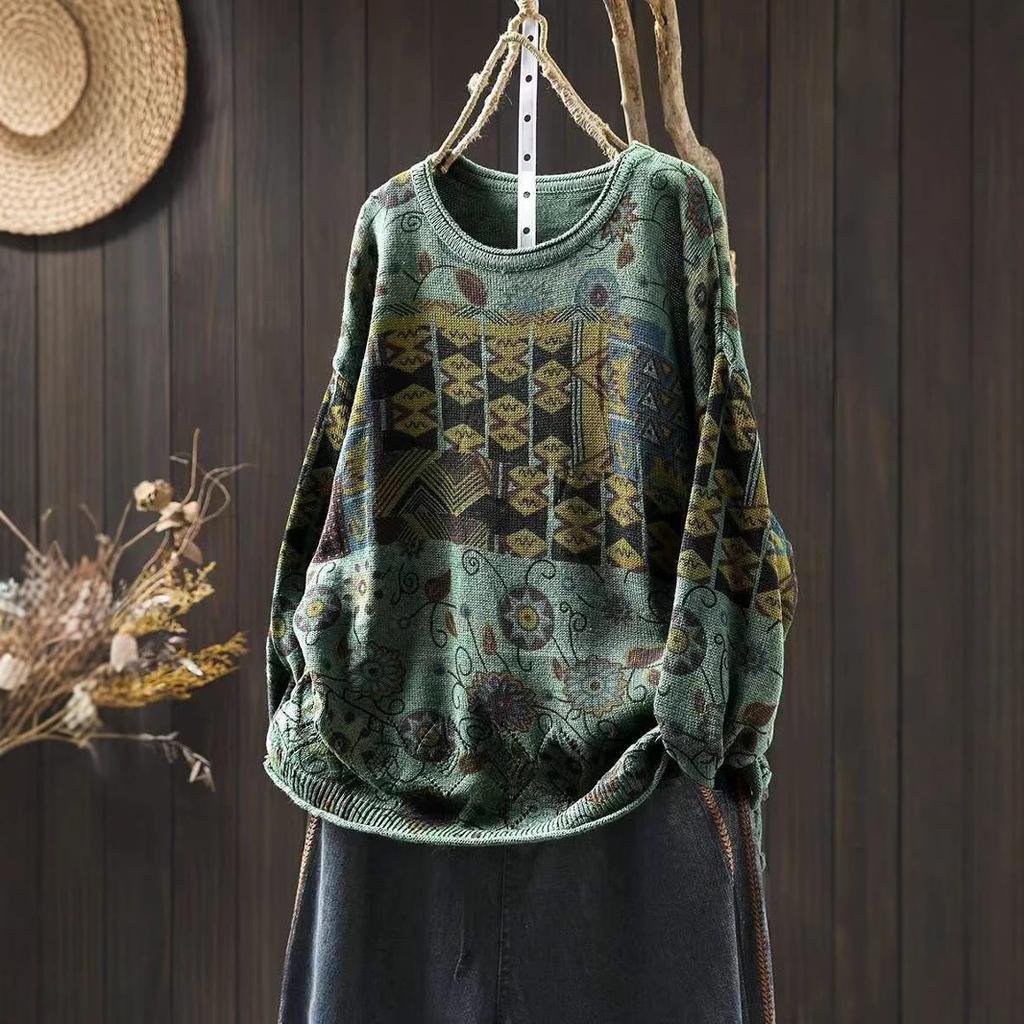 Vintage Printing Patchwork Sweater for Women Winter Fall Fashion O-neck Long Sleeve Loose Casual Pullover Knitting Pullover Tops