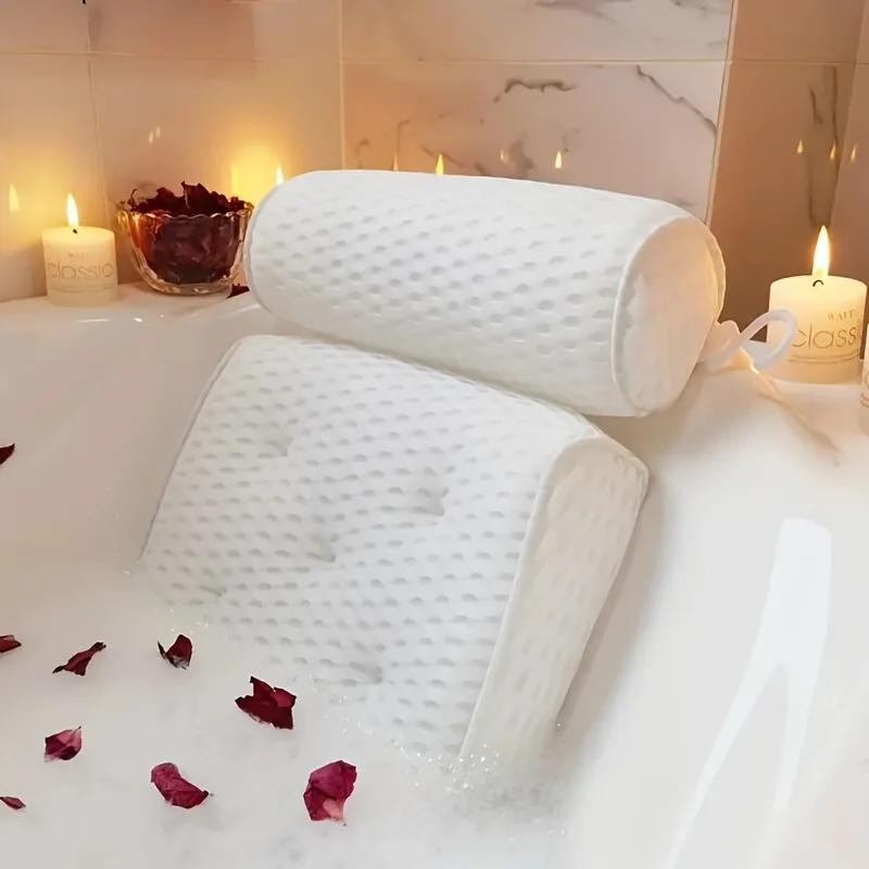 Non-Slip Luxury Spa Bath Pillows with Non-Slip Suction Cups - Neck & Back Support, Polyester, Fragrance Free Bath Accessories bianco