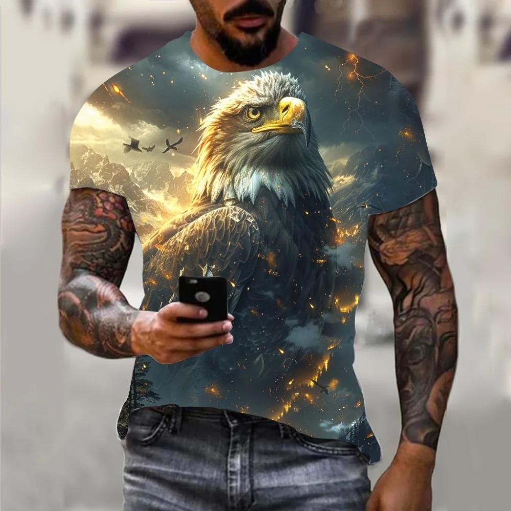 Koszulka męska Harajuku Hip Hop Trend Street Casual Okrągły dekolt Krótki rękaw Luźny Top Zabawny 3D Animal Eagle Print Koszulka